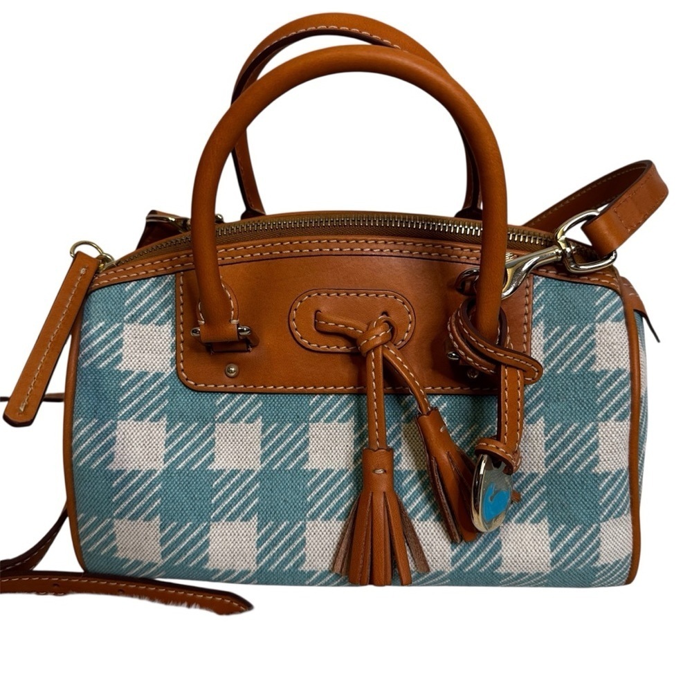 Vintage Dooney & Bourke Mini Domed Tassel Satchel Gingham 9.5”W x 6.5”H X 5”D